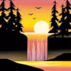 Sunset forest diamond painting kit — glowing sunset through peaceful woodland trees
