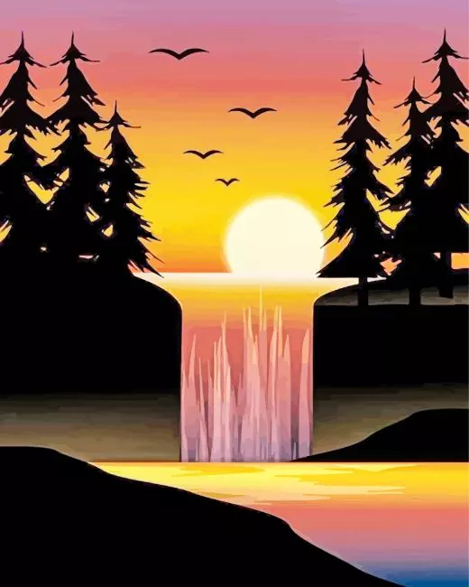 Sunset forest Diamond Painting Kit Sunset forest diamond painting kit — glowing sunset through peaceful woodland trees
