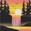 Sunset forest diamond painting kit — glowing sunset through peaceful woodland trees