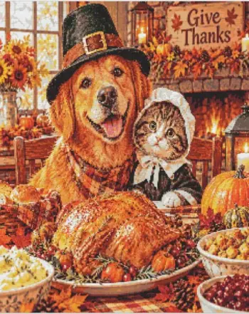 Thanksgiving friends diamond painting kit - cute festive holiday scene