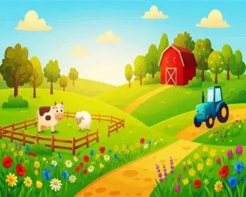 Happy farm diamond painting kit with cute animals and countryside scene