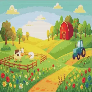 Happy farm diamond painting kit with cute animals and countryside scene