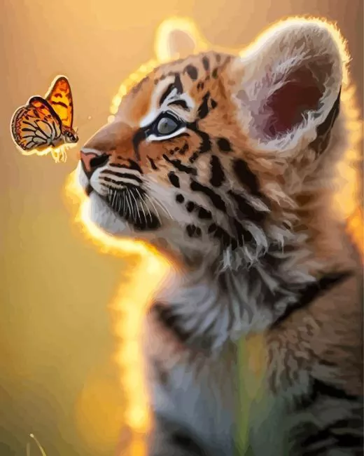 Tiger Cub with Butterfly Diamond Painting Kits Tiger cub diamond painting kit — young tiger watching an orange butterfly in golden light