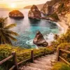 Tropical cove diamond painting kit — turquoise bay with cliffs palm trees and sunset