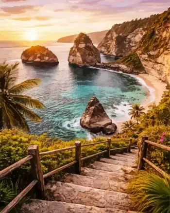 Tropical cove diamond painting kit — turquoise bay with cliffs palm trees and sunset