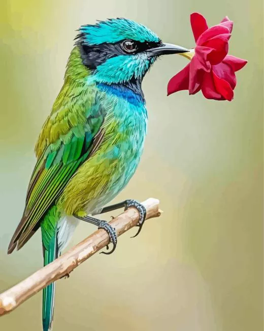 Turquoise Bird with Red Flower Diamond Painting Kits Turquoise bird diamond painting kit — colorful bird beside a red flower