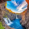 Waterfall diamond painting kit — blue river and cascading falls inside a rocky canyon