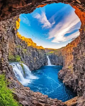 Waterfall diamond painting kit — blue river and cascading falls inside a rocky canyon