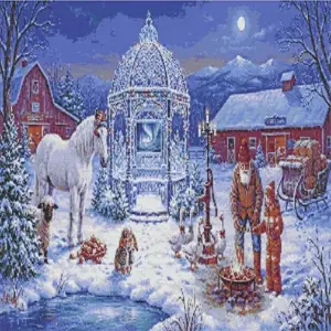 Winter oasis at moonlit farm diamond painting kit with snowy farmhouse