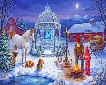 Winter oasis at moonlit farm diamond painting kit with snowy farmhouse