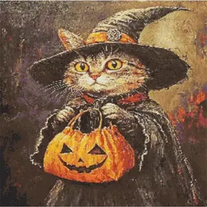 Witch cat Halloween diamond painting kit with spooky autumn vibes
