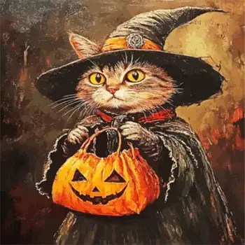 Witch cat Halloween diamond painting kit with spooky autumn vibes