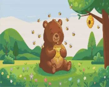 Cute bear eating honey diamond painting kit with a cozy woodland scene