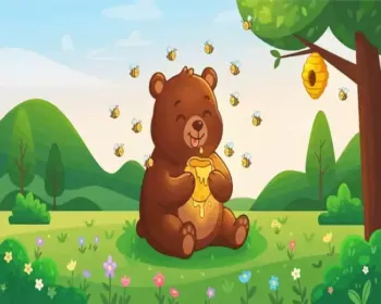 Cute bear eating honey diamond painting kit with a cozy woodland scene