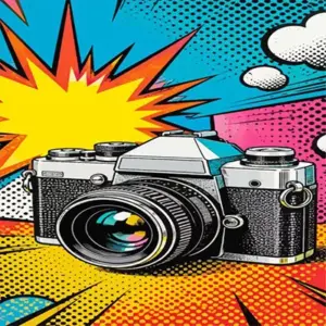 Camera pop art diamond painting kit with colorful graphic camera design
