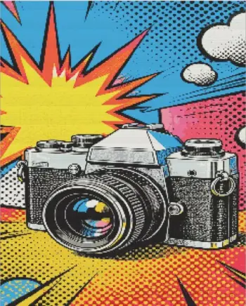 Camera pop art diamond painting kit with colorful graphic camera design
