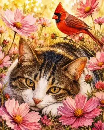 Cat and red cardinal bird diamond painting