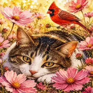 Cat and red cardinal bird diamond painting