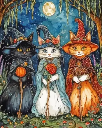 Three witch cats wearing Halloween hats diamond painting kit