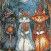 Three witch cats wearing Halloween hats diamond painting kit