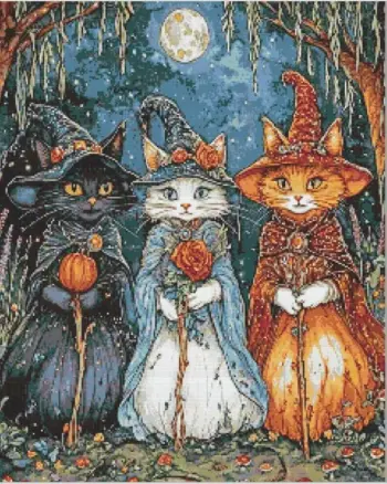 Three witch cats wearing Halloween hats diamond painting kit