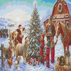 Christmas Day diamond painting kit with snowy farm, Christmas tree, children, and festive farm animals