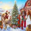 Christmas Day diamond painting kit with snowy farm, Christmas tree, children, and festive farm animals