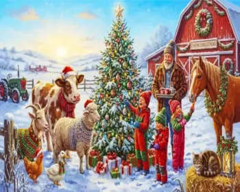 Christmas Day diamond painting kit with snowy farm, Christmas tree, children, and festive farm animals