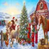 Christmas Day diamond painting kit with snowy farm, Christmas tree, children, and festive farm animals