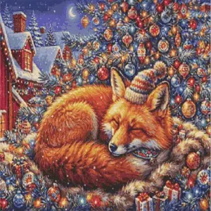 Sleeping Christmas fox diamond painting kit with cozy holiday decorations and winter details