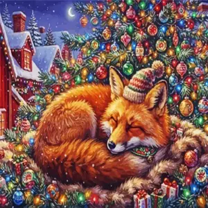 Sleeping Christmas fox diamond painting kit with cozy holiday decorations and winter details