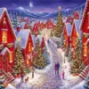 Snowy Christmas village with red cottages and moonlit sky diamond painting kit
