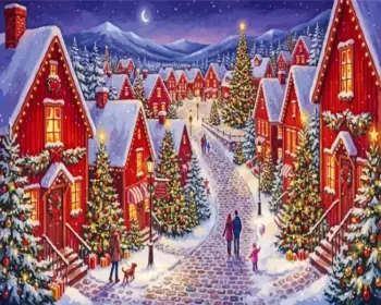 Snowy Christmas village with red cottages and moonlit sky diamond painting kit