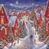 Snowy Christmas village with red cottages and moonlit sky diamond painting kit