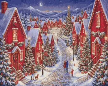 Snowy Christmas village with red cottages and moonlit sky diamond painting kit
