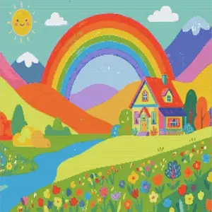 Colorful house diamond painting kit with vibrant colors and cozy details