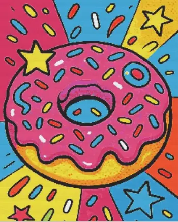 Pop art donut diamond painting kit with colorful frosting and sprinkles