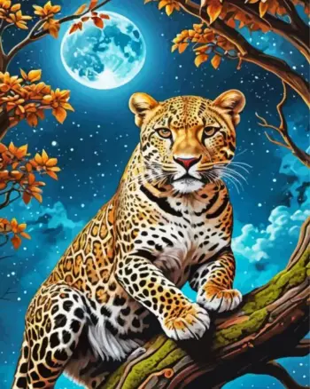 Leopard under a full moon diamond painting kit
