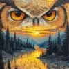 Forest Spirit River diamond painting with owl eyes and mountains