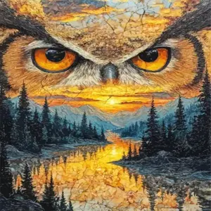Forest Spirit River diamond painting with owl eyes and mountainsForest Spirit River diamond painting with owl eyes and mountains