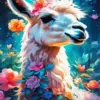 Floral llama diamond painting kit — white llama portrait surrounded by colorful flowers
