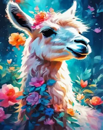 Floral llama diamond painting kit — white llama portrait surrounded by colorful flowers