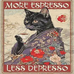 Cute black cat diamond painting enjoying coffee with a fun “More Espresso Less Depresso” message. Full-drill 5D sparkle, square or round drills, all sizes.