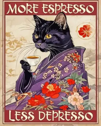 Cute black cat diamond painting enjoying coffee with a fun “More Espresso Less Depresso” message. Full-drill 5D sparkle, square or round drills, all sizes.