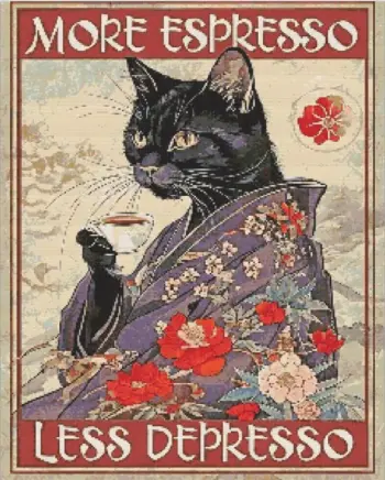 Cute black cat drinking coffee with More Espresso Less Depresso quote