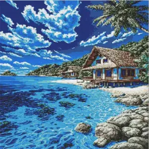 A beautiful tropical resort beach scene with swaying palm trees, clear blue water, and a relaxing island atmosphere. A bright, peaceful piece for any room, in full-drill 5D sparkle. Square or round drill, every size.