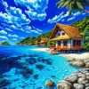 Tropical resort beach diamond painting kit with palm trees and blue water