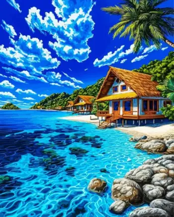 Tropical resort beach diamond painting kit with palm trees and blue water