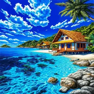 A beautiful tropical resort beach scene with swaying palm trees, clear blue water, and a relaxing island atmosphere. A bright, peaceful piece for any room, in full-drill 5D sparkle. Square or round drill, every size.