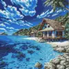 Tropical resort beach diamond painting kit with palm trees and blue water